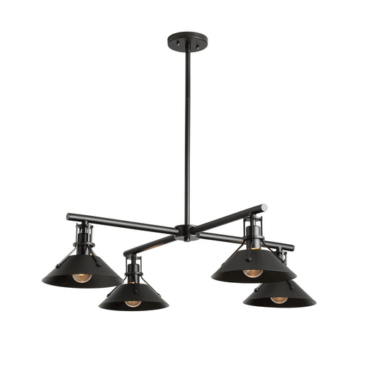 Hubbardton Forge Henry Outdoor 4-Light Pendant with black metal frame, conical shades, and exposed bulbs in a striking industrial design.