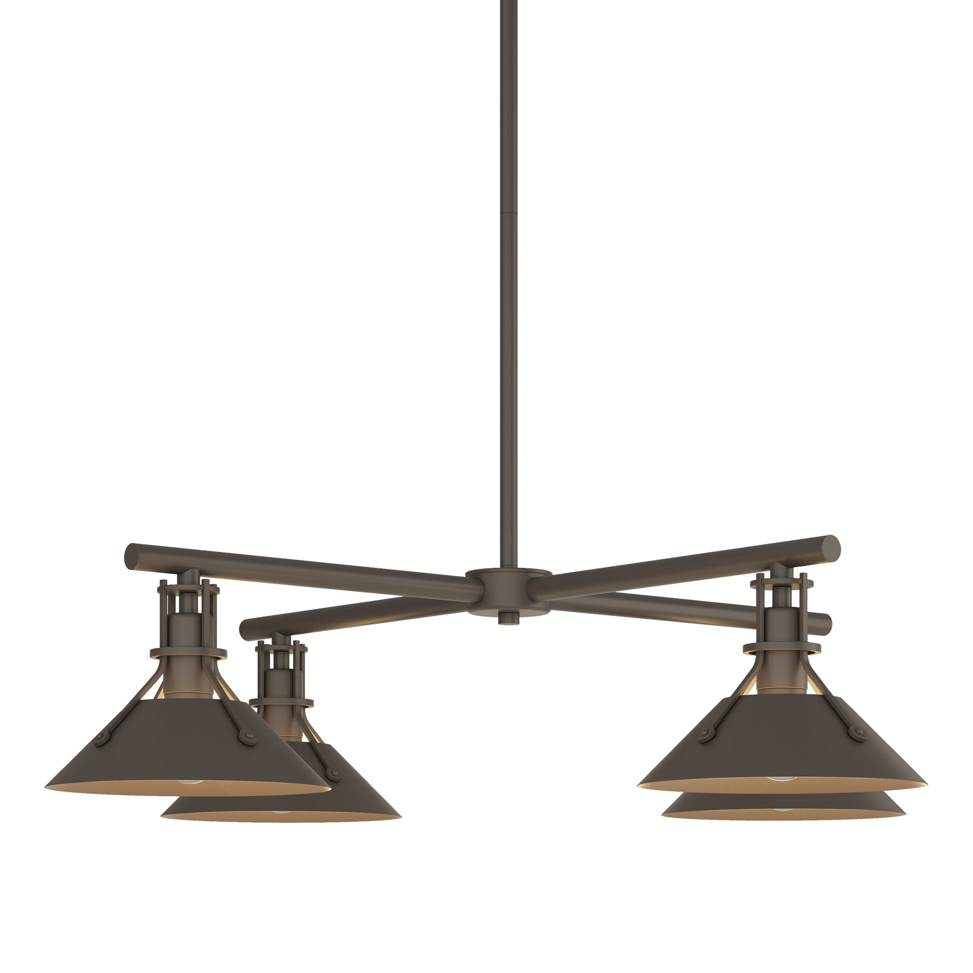 Henry Outdoor 4-Light Pendant by Hubbardton Forge with angled metal shades and central rod, finished in dark bronze, highlighting modern craftsmanship.