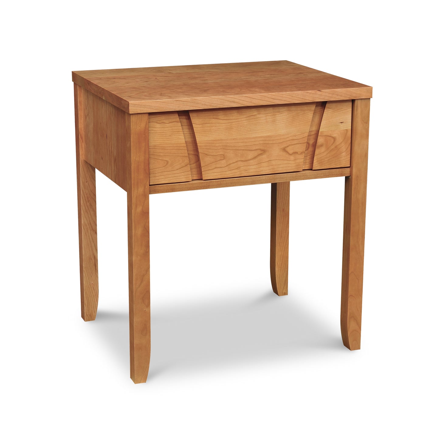 A small hardwood Holland 1-Drawer Nightstand with a unique curved finger pull design by Lyndon Furniture.