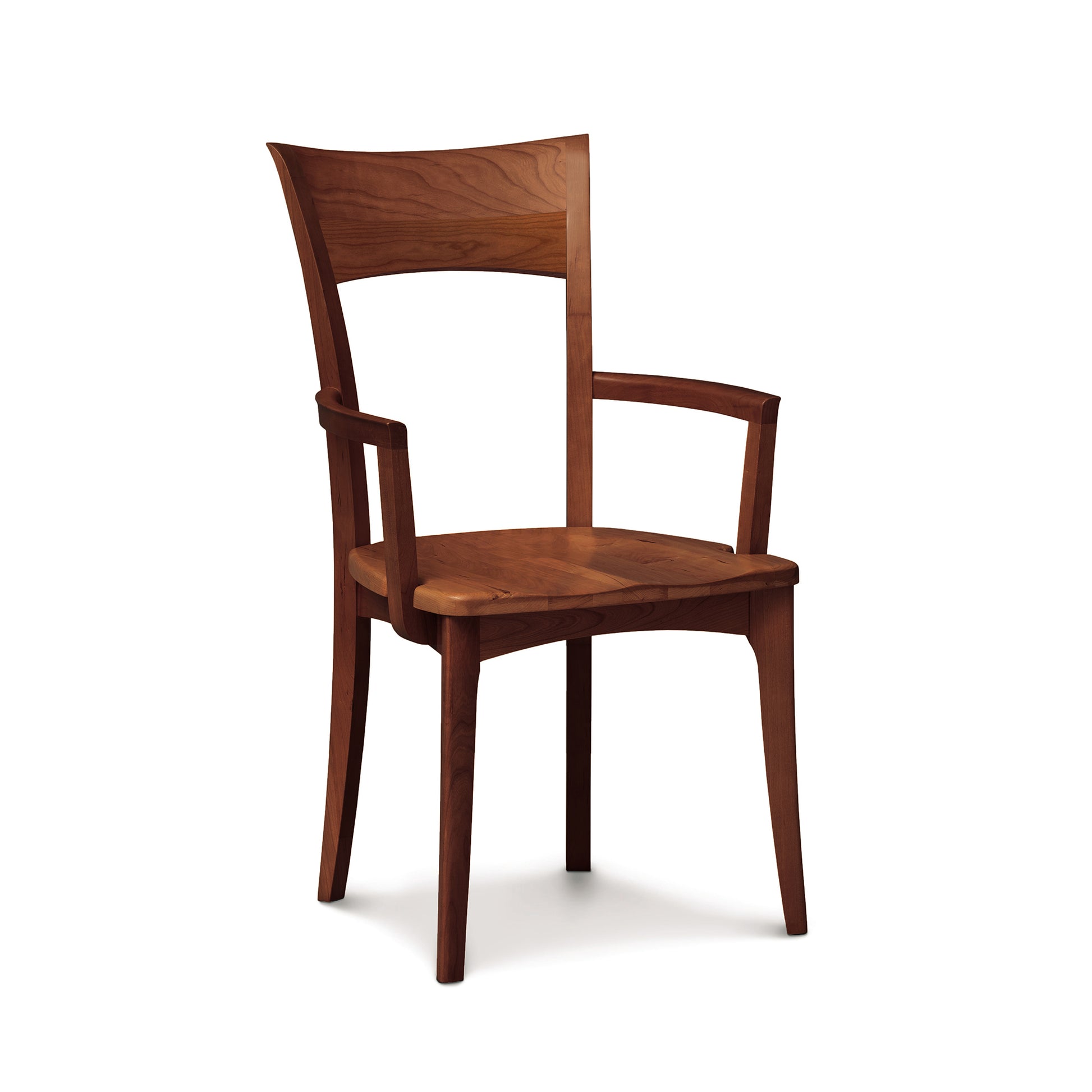 Ingrid Chair by Copeland Furniture showcasing a curved back, angled arms, and four straight cherry wood legs crafted in America.