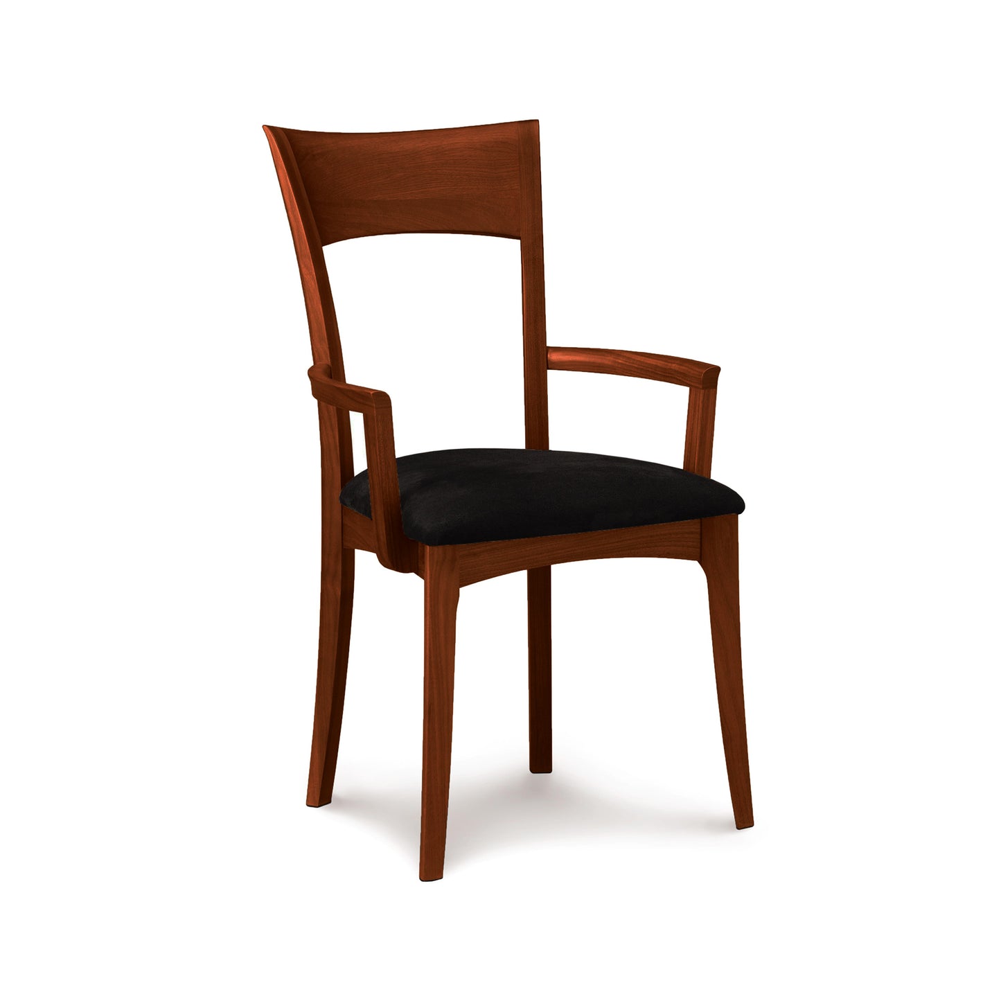 A solid American cherry wood Ingrid Chair by Copeland Furniture with armrests and a black upholstered seat against a white background.