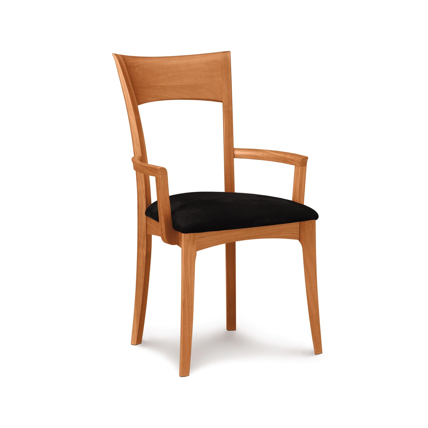 A wooden Ingrid Chair from Copeland Furniture with armrests and a black cushioned seat, isolated on a white background.