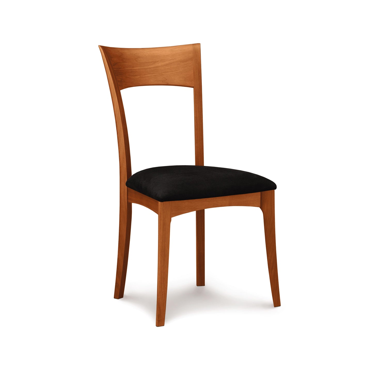 A solid American cherry wood Ingrid Chair by Copeland Furniture with a black upholstered seat on a white background.