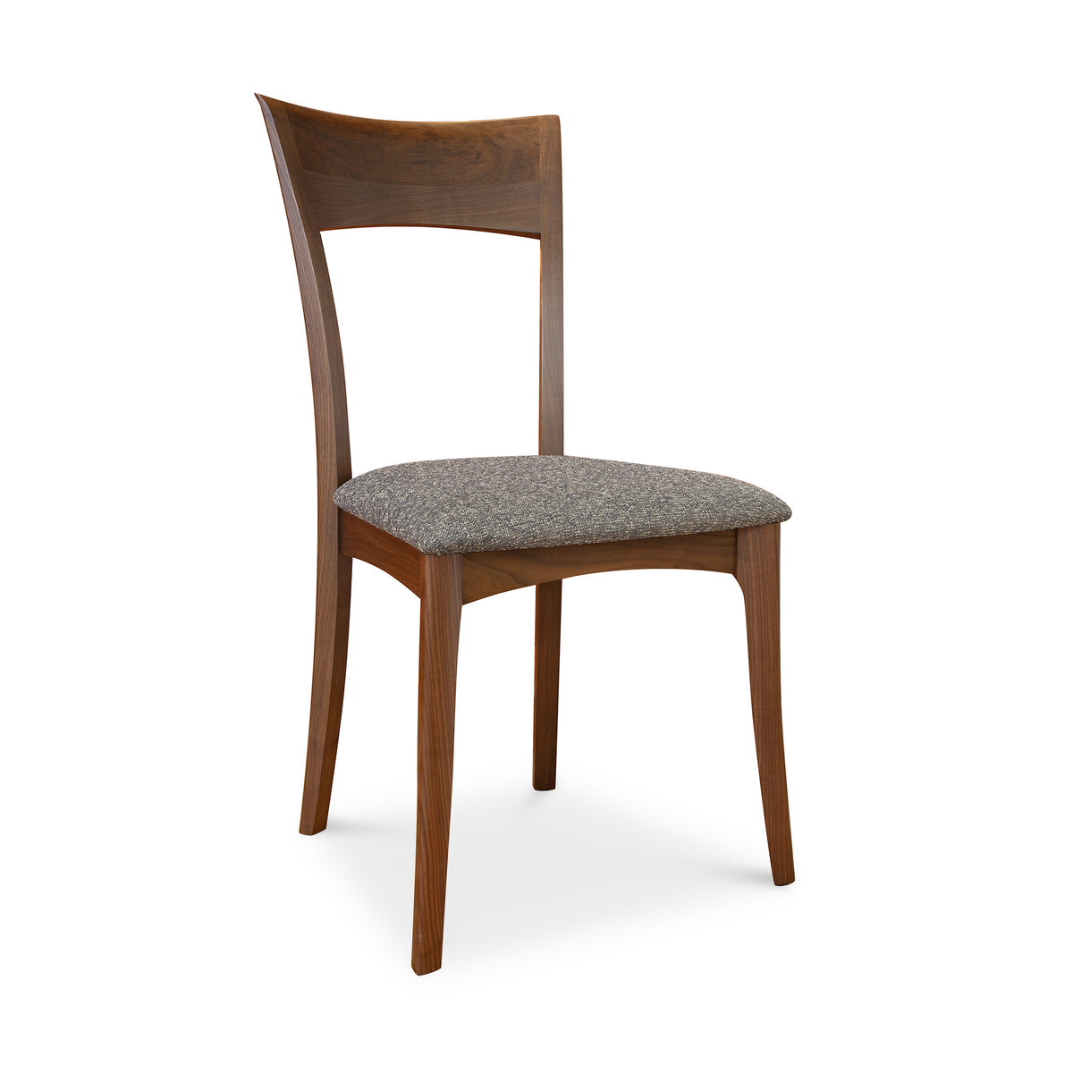 Ingrid Chair by Copeland Furniture with curved back and gray upholstered seat in solid cherry wood, crafted in America.
