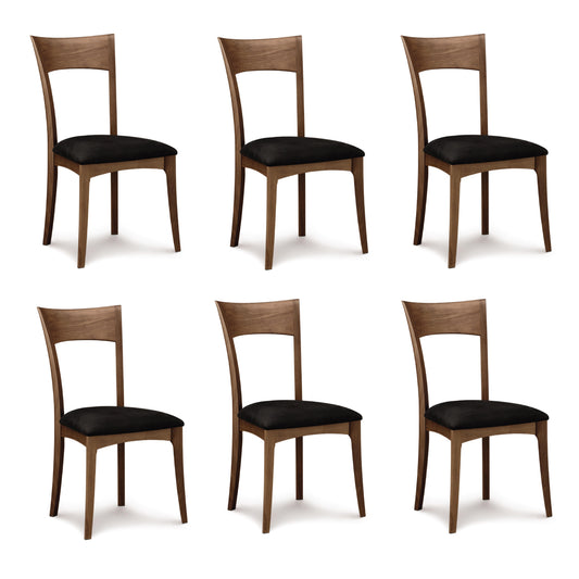 Set of six Copeland Furniture Ingrid Side Chairs with black seats and solid cherry frames, crafted in Vermont from American hardwood.