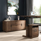 Copeland Furniture Linear Office Credenza in dark wood, paired with a matching height-adjustable desk, showcased in a modern office setting.