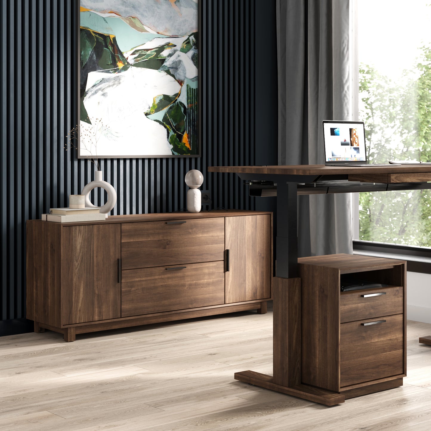 Copeland Furniture Linear Office Credenza in dark wood, paired with a matching height-adjustable desk, showcased in a modern office setting.