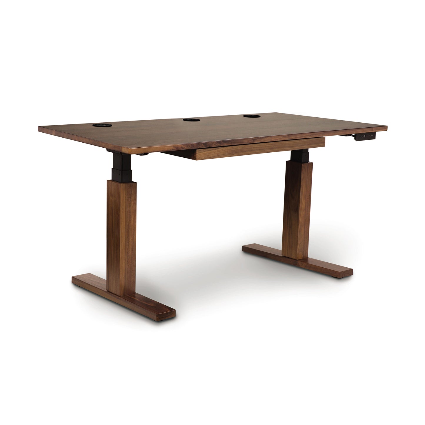 Invigo Walnut Sit-Stand Desk by Copeland Furniture with programmable heights, cable holes, and robust metal legs.