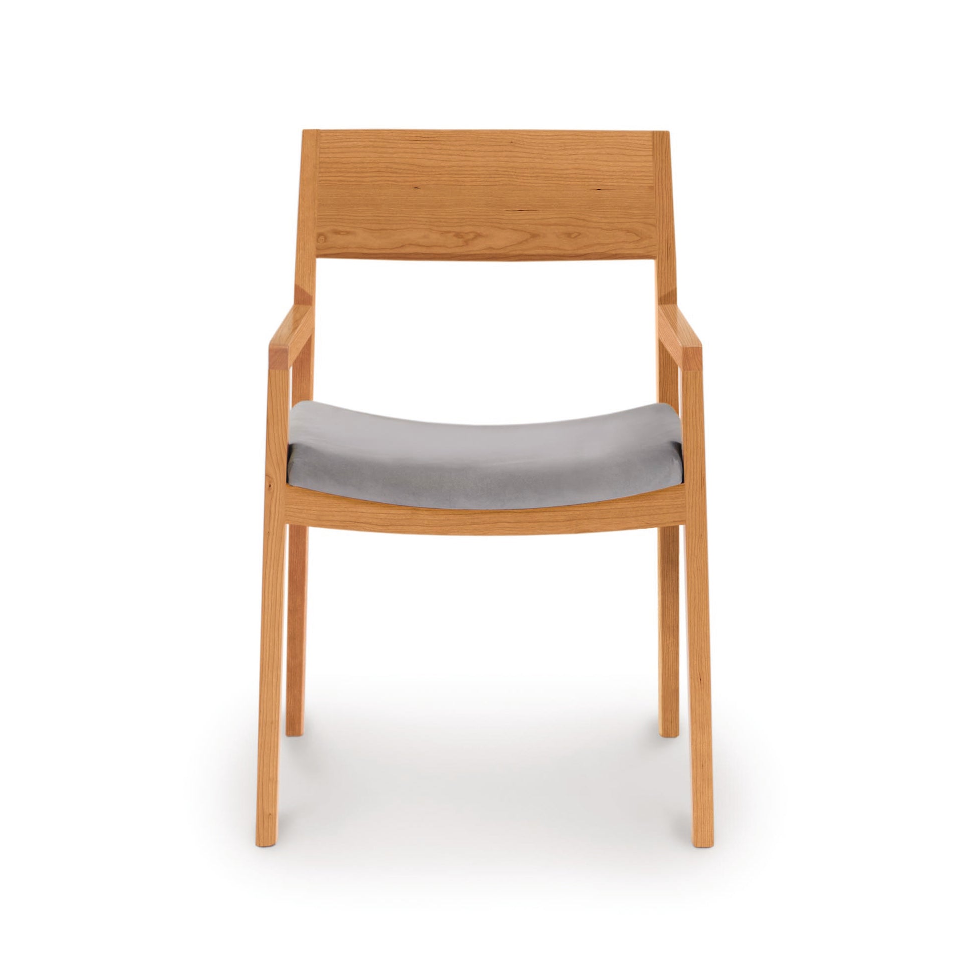 Gray cushioned Copeland Furniture Iso Chair with straight backrest, crafted from sustainably sourced hardwoods.
