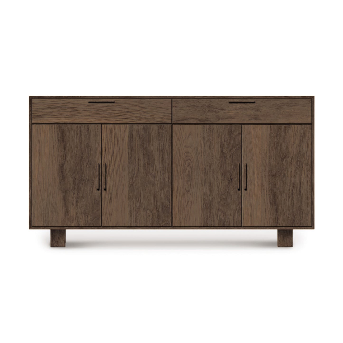 An Iso 4 Door, 2 Drawer Buffet from Copeland Furniture, solid oak wood sideboard with sliding doors and a flat top, isolated against a white background.