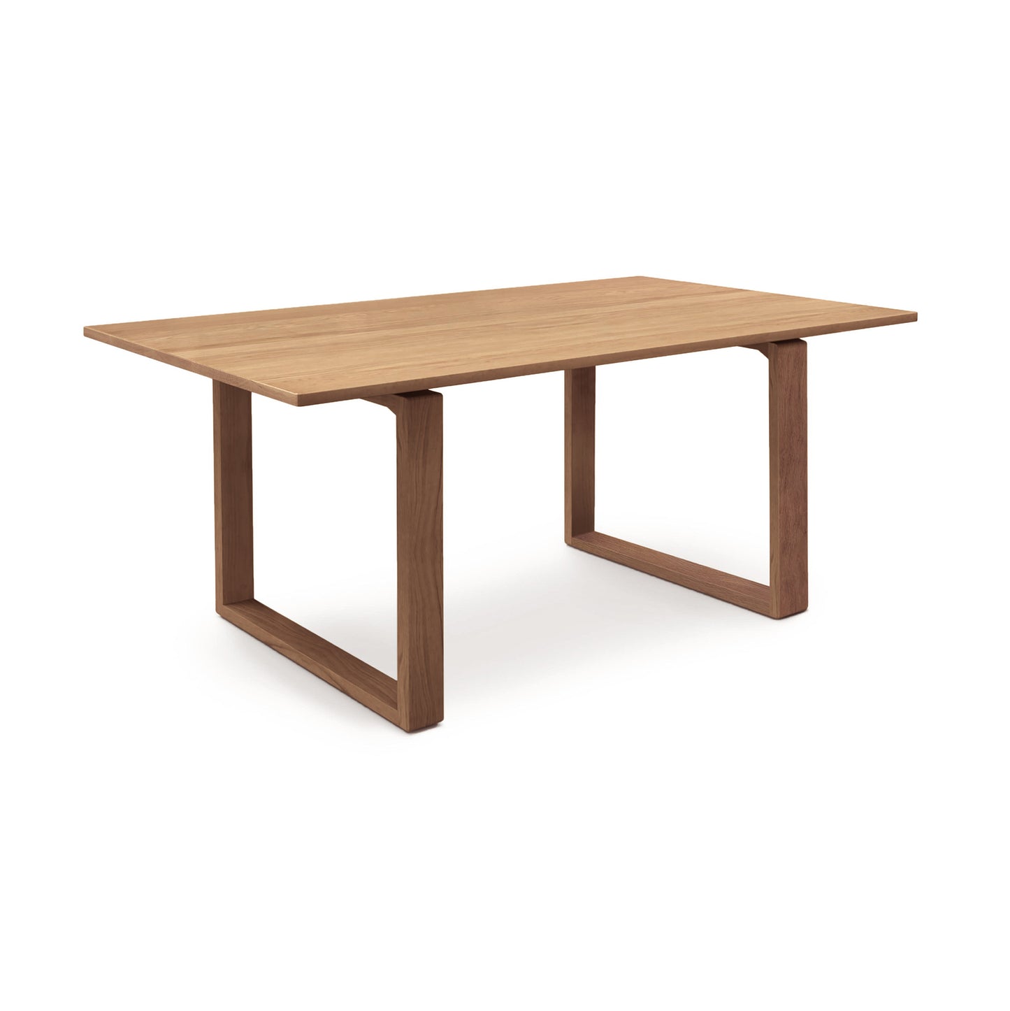 A Copeland Furniture Iso Solid Top Dining Table with a simplistic and modern design, featuring a flat rectangular top and two wide, u-shaped legs, crafted from sustainably sourced North American hardwoods.