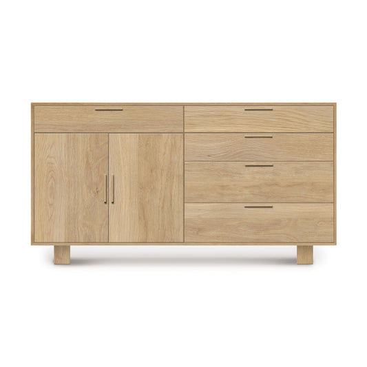 A modern Copeland Furniture Iso Oak 2 Door, 5 Drawer Buffet on a white background, made of solid hardwood oak.