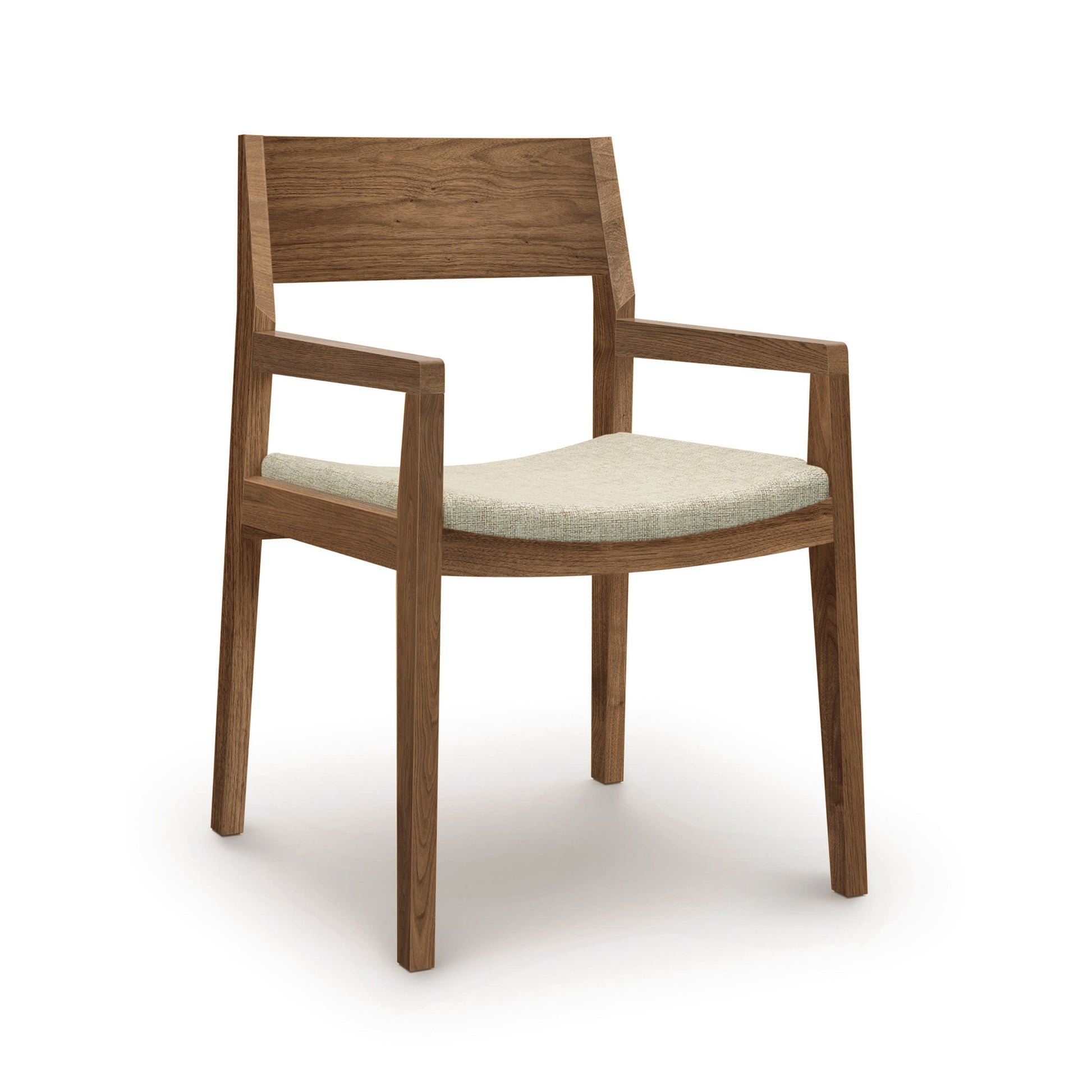 A wooden dining chair with a beige upholstered seat.