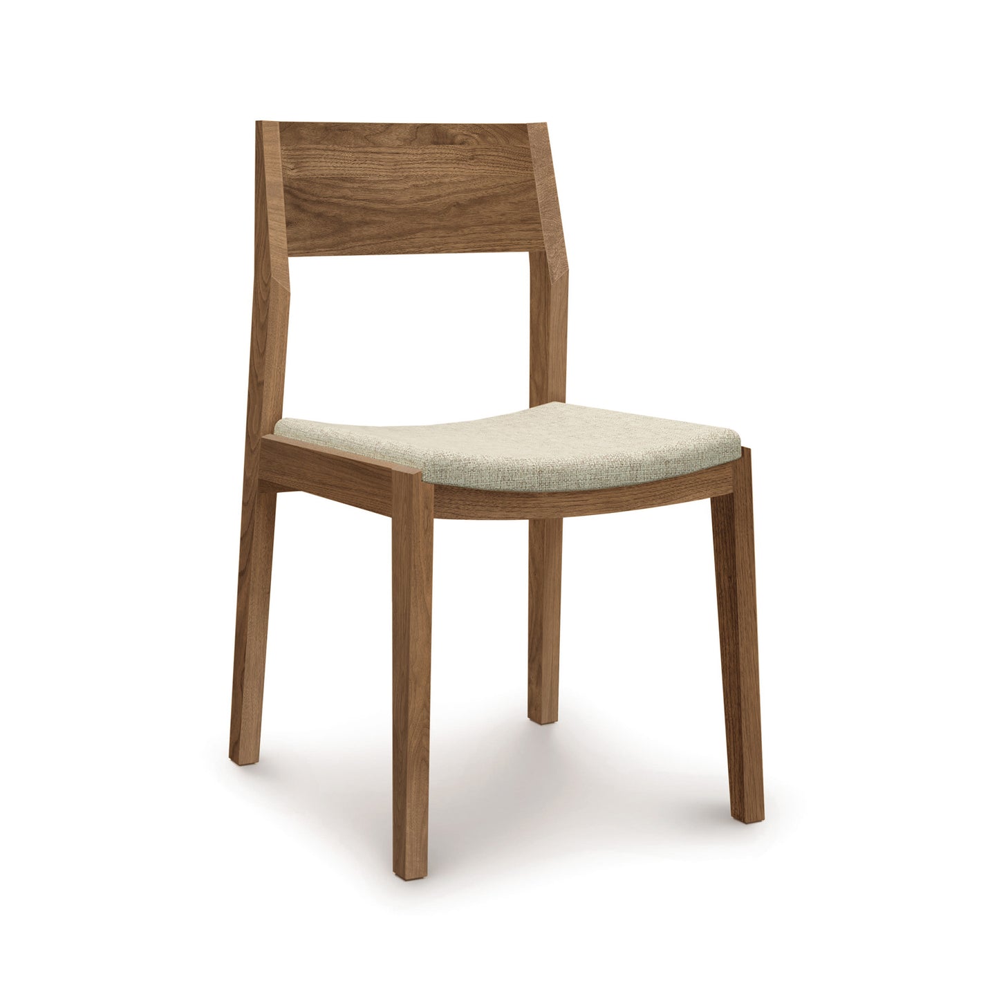 A wooden dining chair with a beige upholstered seat.