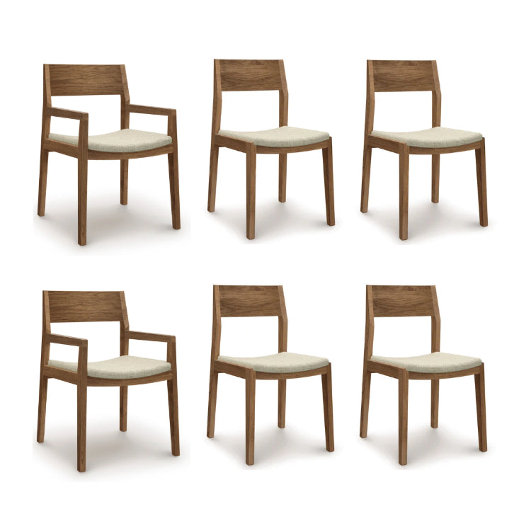 Set of six Copeland Furniture Iso Walnut Chairs featuring beige cushions, expertly crafted from sustainably sourced wood, made in Vermont.