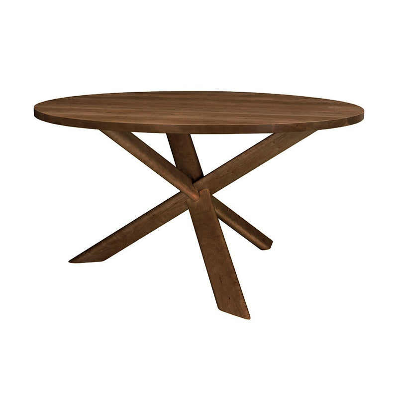 A round dining table with a wooden base.