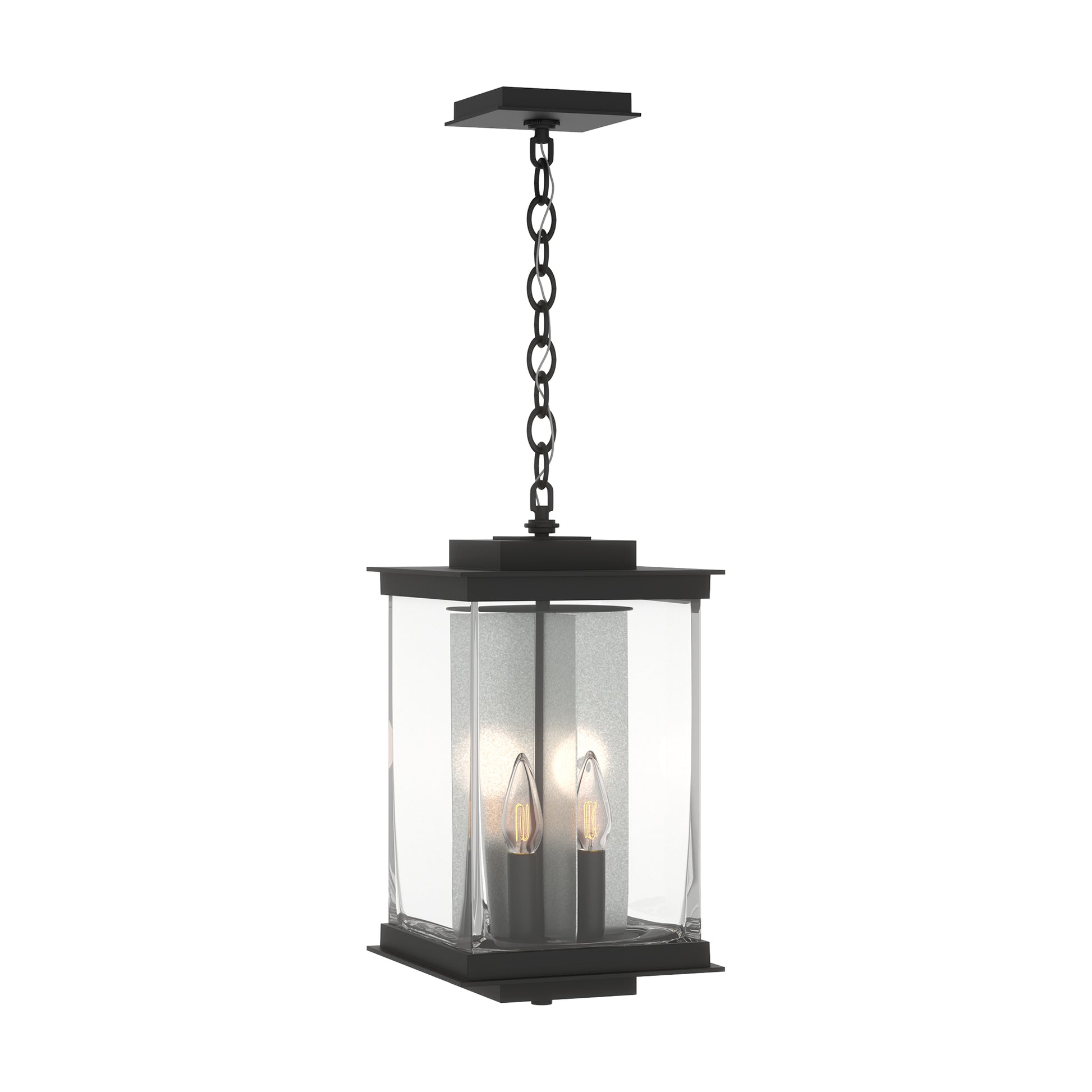 Kingston Outdoor Large Lantern by Hubbardton Forge featuring a black metal frame, clear glass panels, and two exposed bulbs.