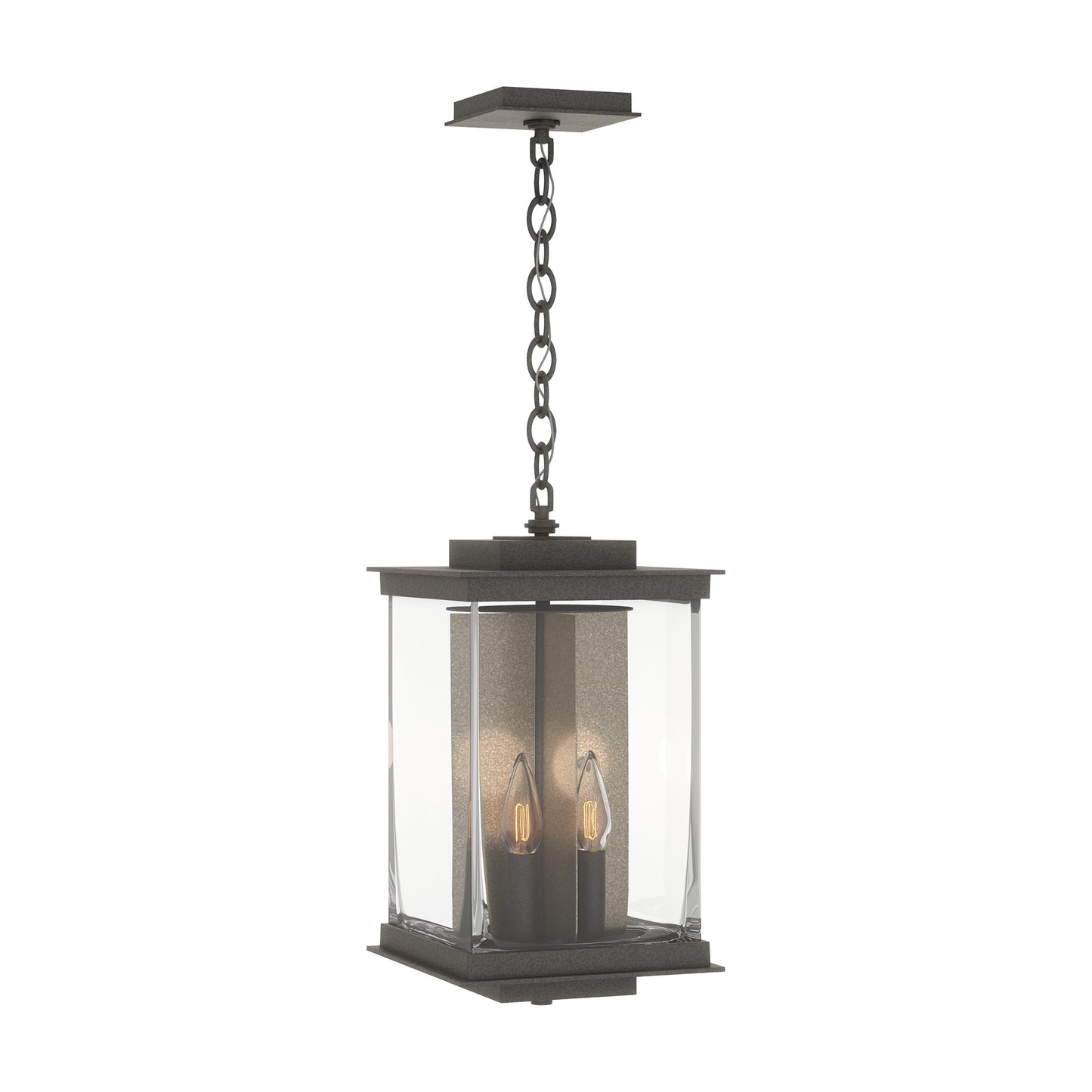 Hubbardton Forge Kingston Outdoor Large Lantern showcasing elegant candle-style bulbs and classic metalwork, ideal for enhancing outdoor furniture settings.