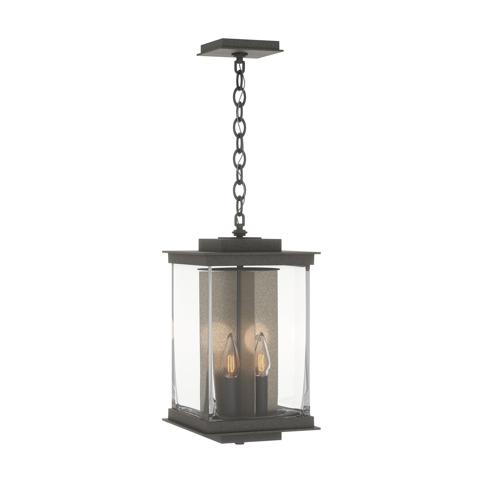 Hubbardton Forge Kingston Outdoor Large Lantern showcasing elegant candle-style bulbs and classic metalwork, ideal for enhancing outdoor furniture settings.