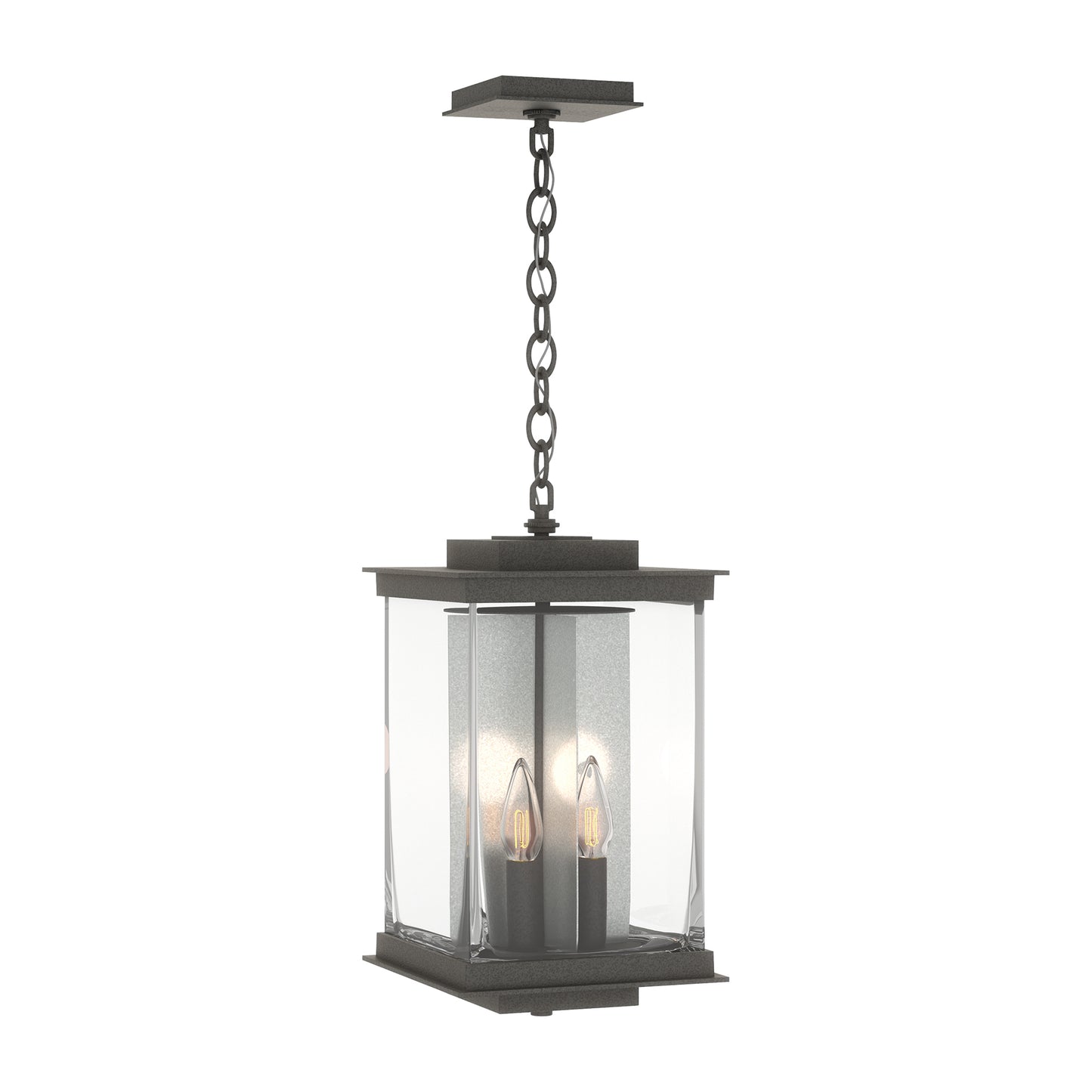 Hubbardton Forge Kingston Outdoor Large Lantern featuring black metal, glass, and three candle-style bulbs suspended on a chain.