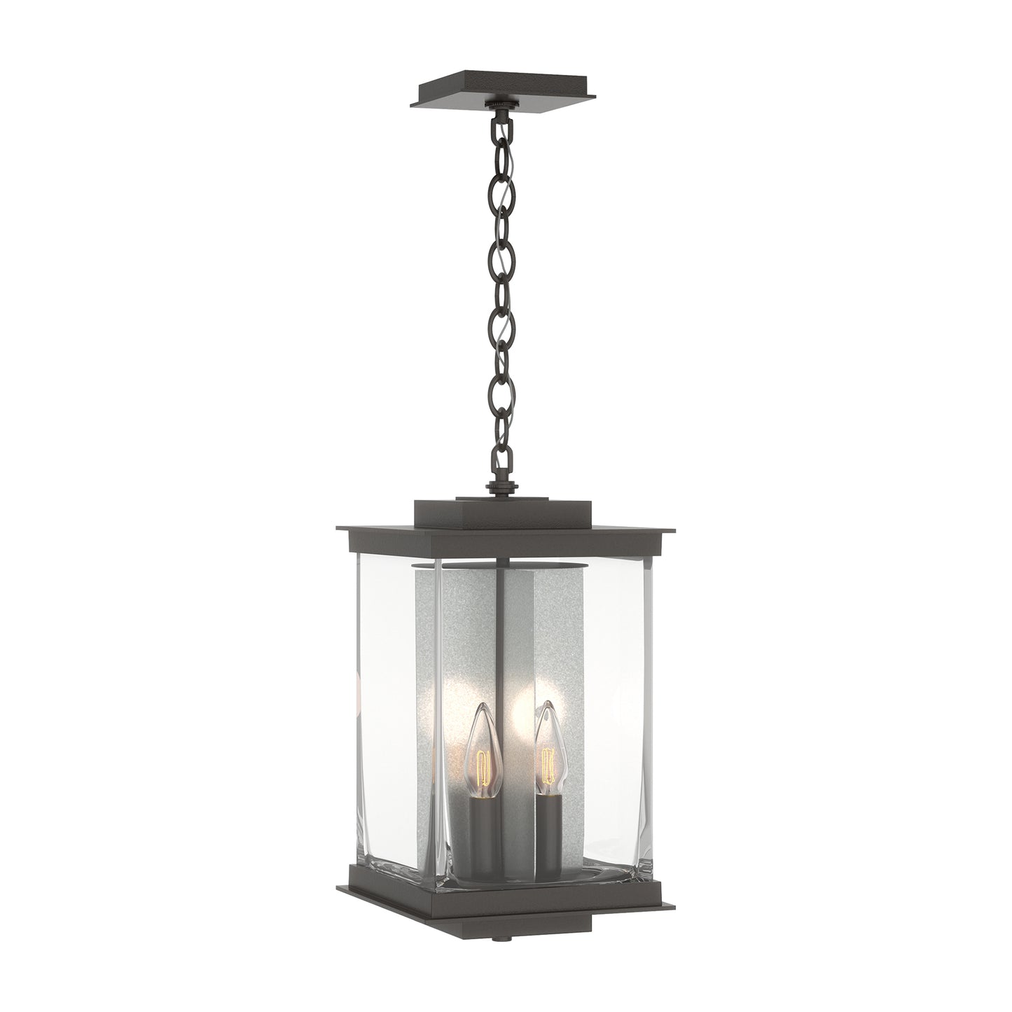 Kingston Outdoor Large Lantern by Hubbardton Forge in black metal and glass with three candle bulbs, showcasing elegant, high-quality craftsmanship.