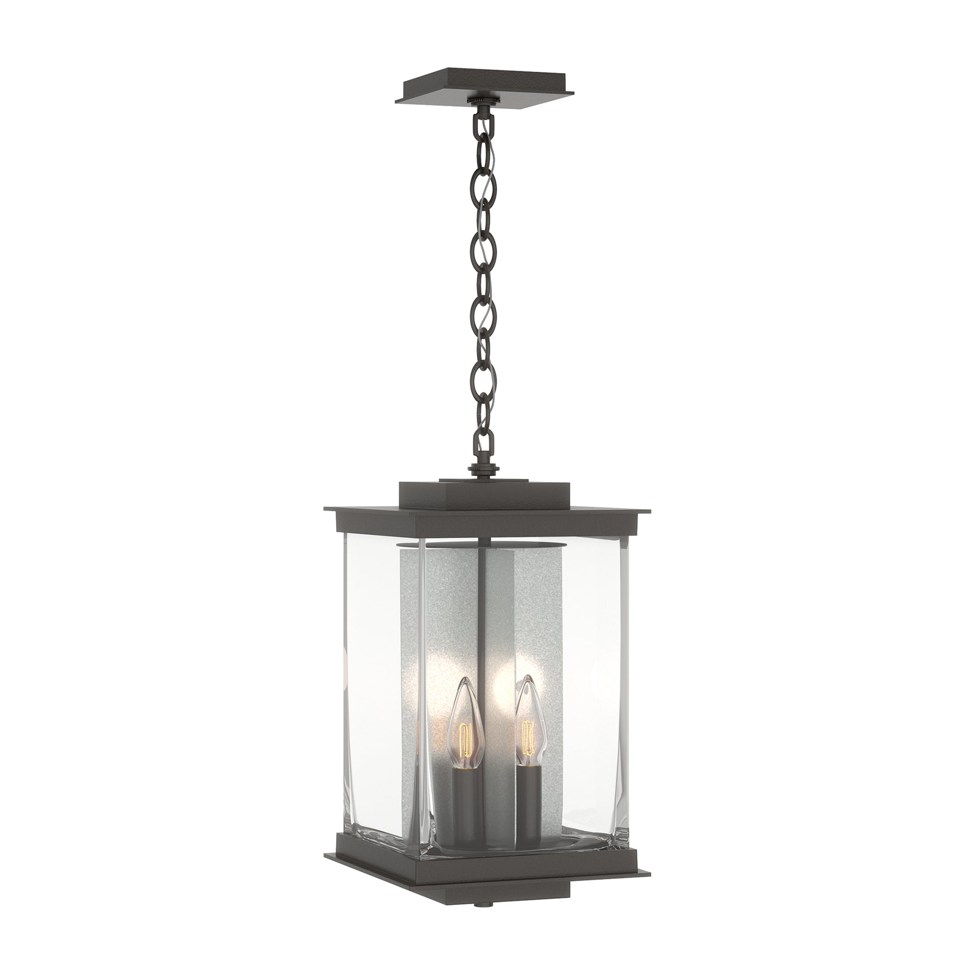 Kingston Outdoor Large Lantern by Hubbardton Forge in black metal and glass with three candle bulbs, showcasing elegant, high-quality craftsmanship.