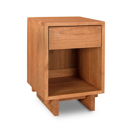 Vermont Furniture Designs Kipling 1-Drawer Enclosed Shelf Nightstand in natural wood with a modern design, featuring a single drawer and an open lower shelf, isolated on a white background.