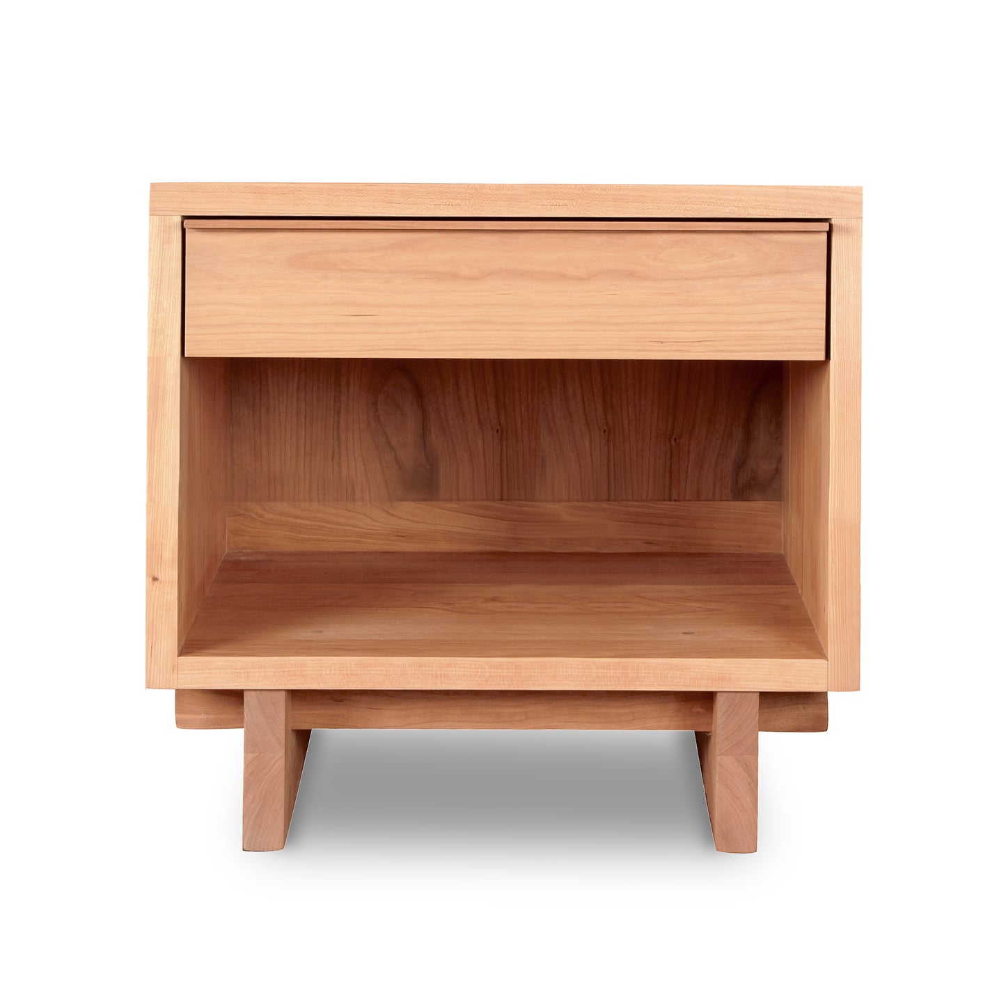 A Vermont Furniture Designs Kipling 1-Drawer Enclosed Shelf Wide Nightstand in natural wood, with an open drawer and empty shelf, isolated on a white background.