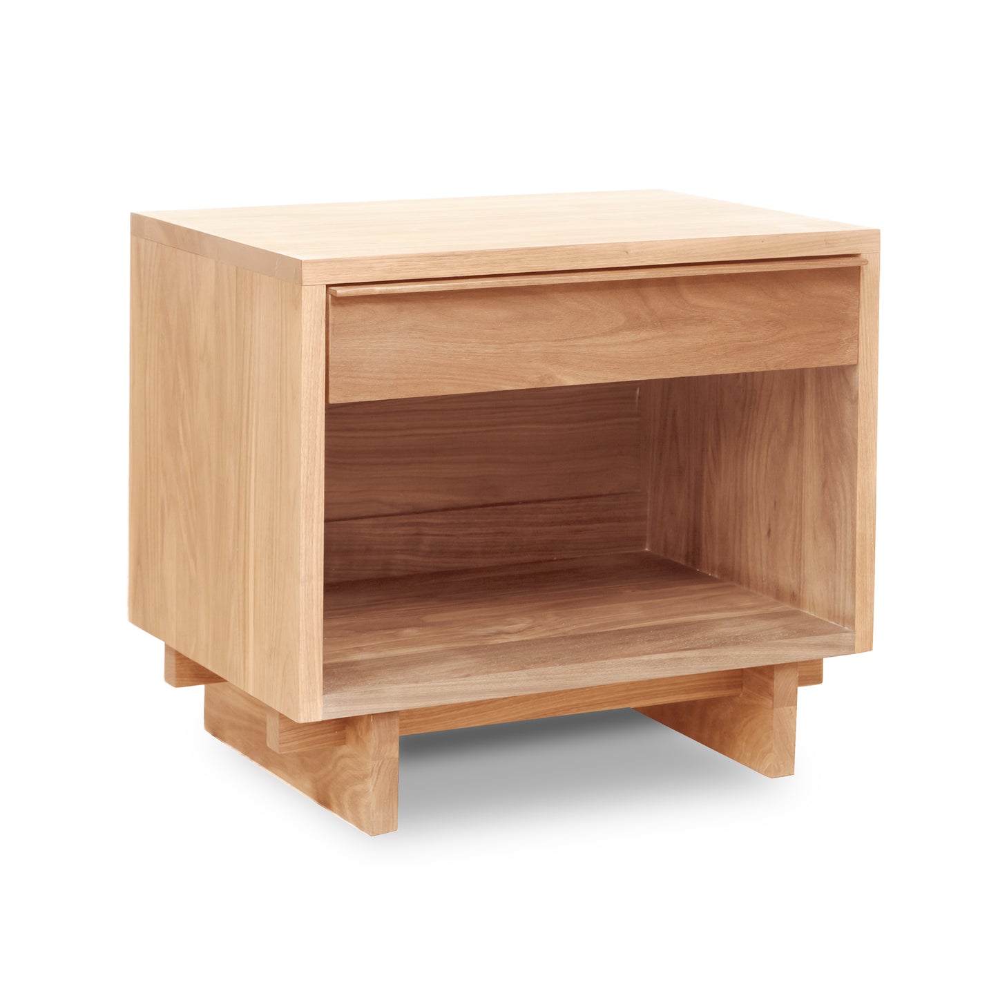 Vermont Furniture Designs Kipling 1-Drawer Enclosed Shelf Wide Nightstand in light natural wood finish, highlighting its modern style and functional design with a drawer and open lower shelf.