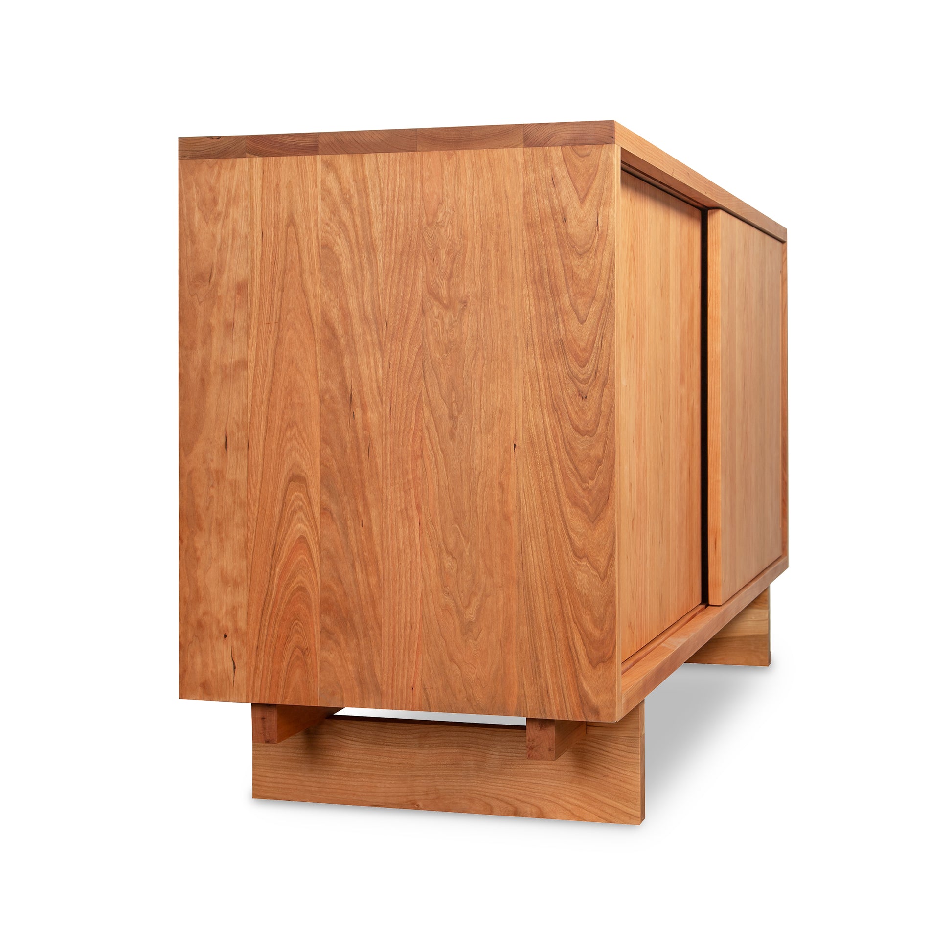 Kipling 2-Door Media Console by Vermont Furniture Designs in natural wood finish with flat doors and block legs, handcrafted American made furniture.