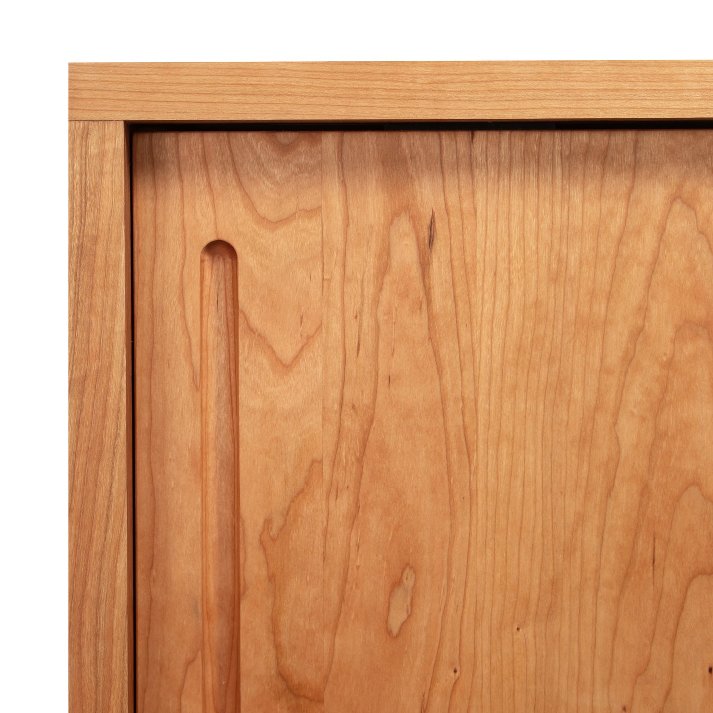 Kipling 2-Door Media Console by Vermont Furniture Designs, showing detailed wood craftsmanship and vertical recessed handles on the doors.