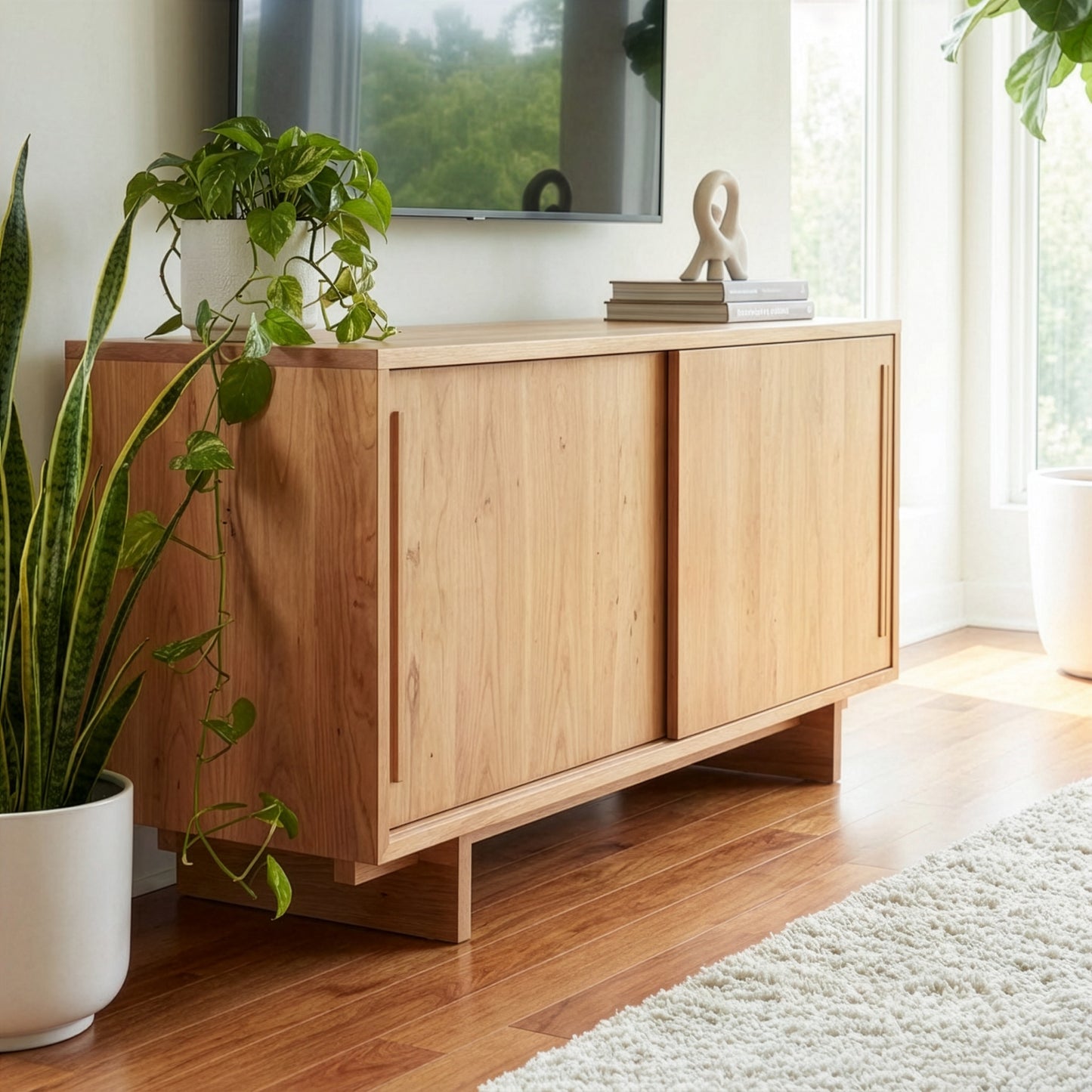 The Kipling 2-Door Media Console by Vermont Furniture Designs showcases handcrafted American quality and elegant woodwork, highlighted in a bright room.