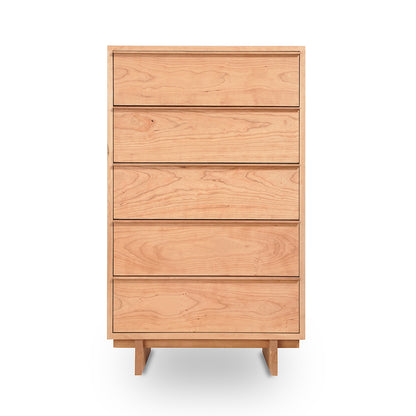 Kipling 5-Drawer Chest by Vermont Furniture Designs showcasing Vermont craftsmanship with its light-finished wood construction and minimalist base.