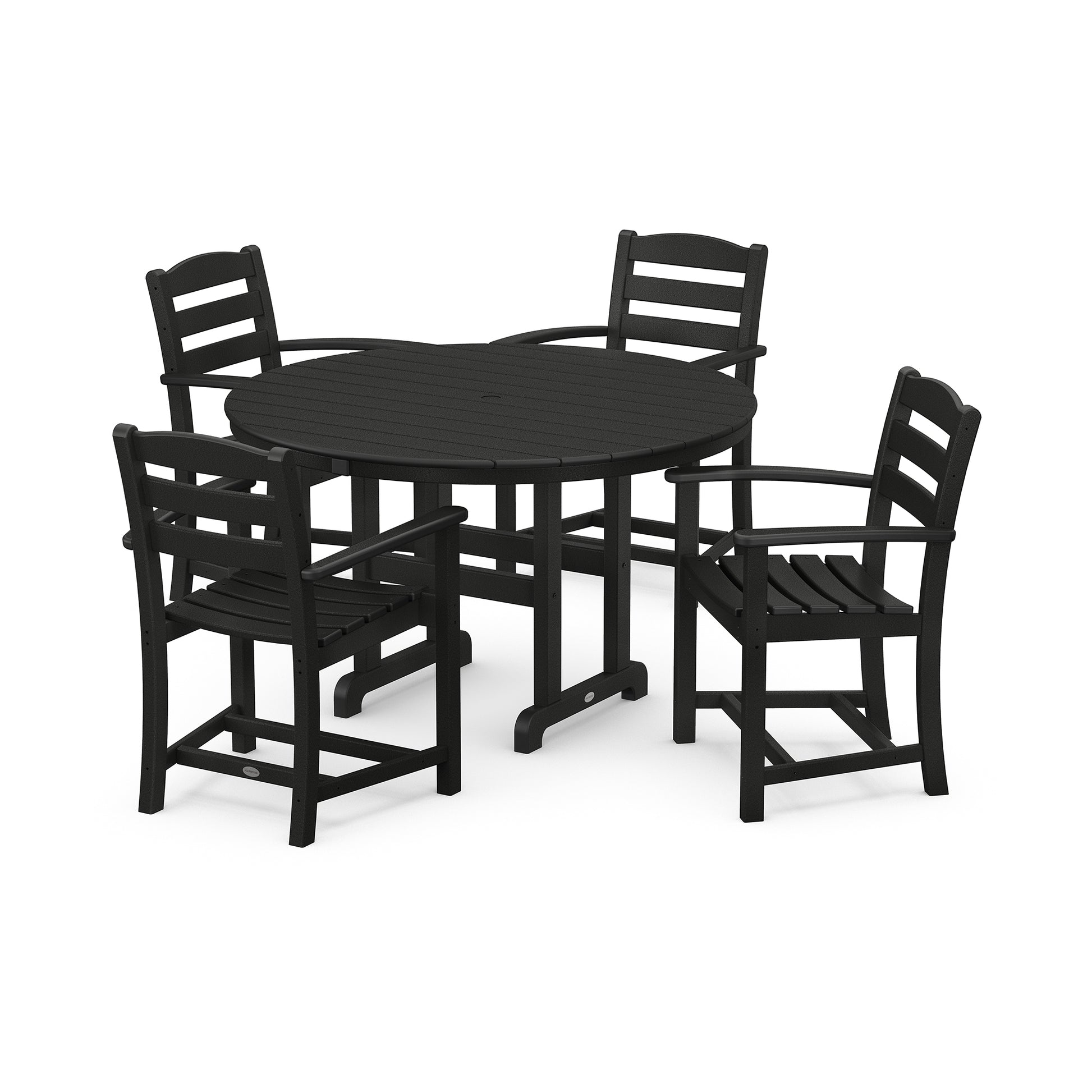 A durable black outdoor dining set consisting of a round table and four matching chairs, all made of POLYWOOD or a similar material, depicted on a plain white background.