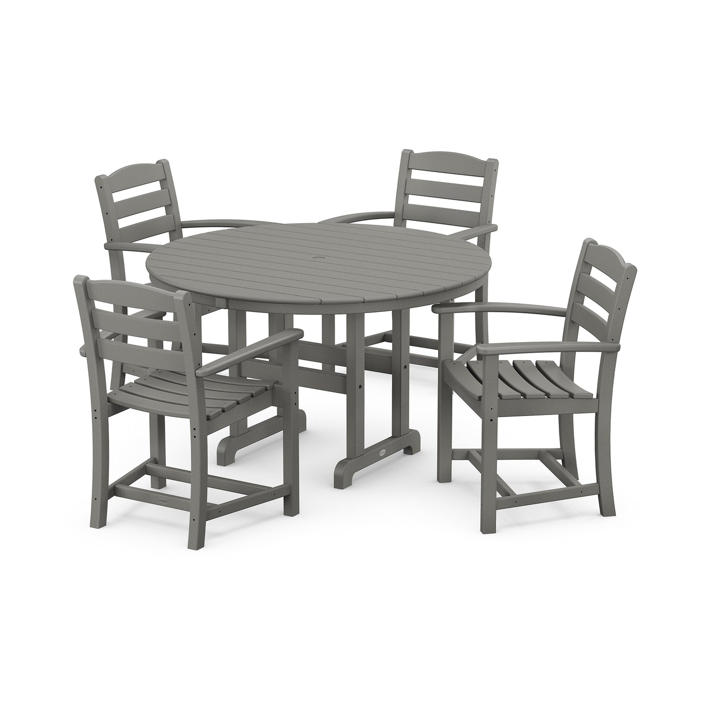A 3D rendering of a POLYWOOD La Casa Cafe 5-Piece Dining Set with four grey chairs and a matching round table on a white background.