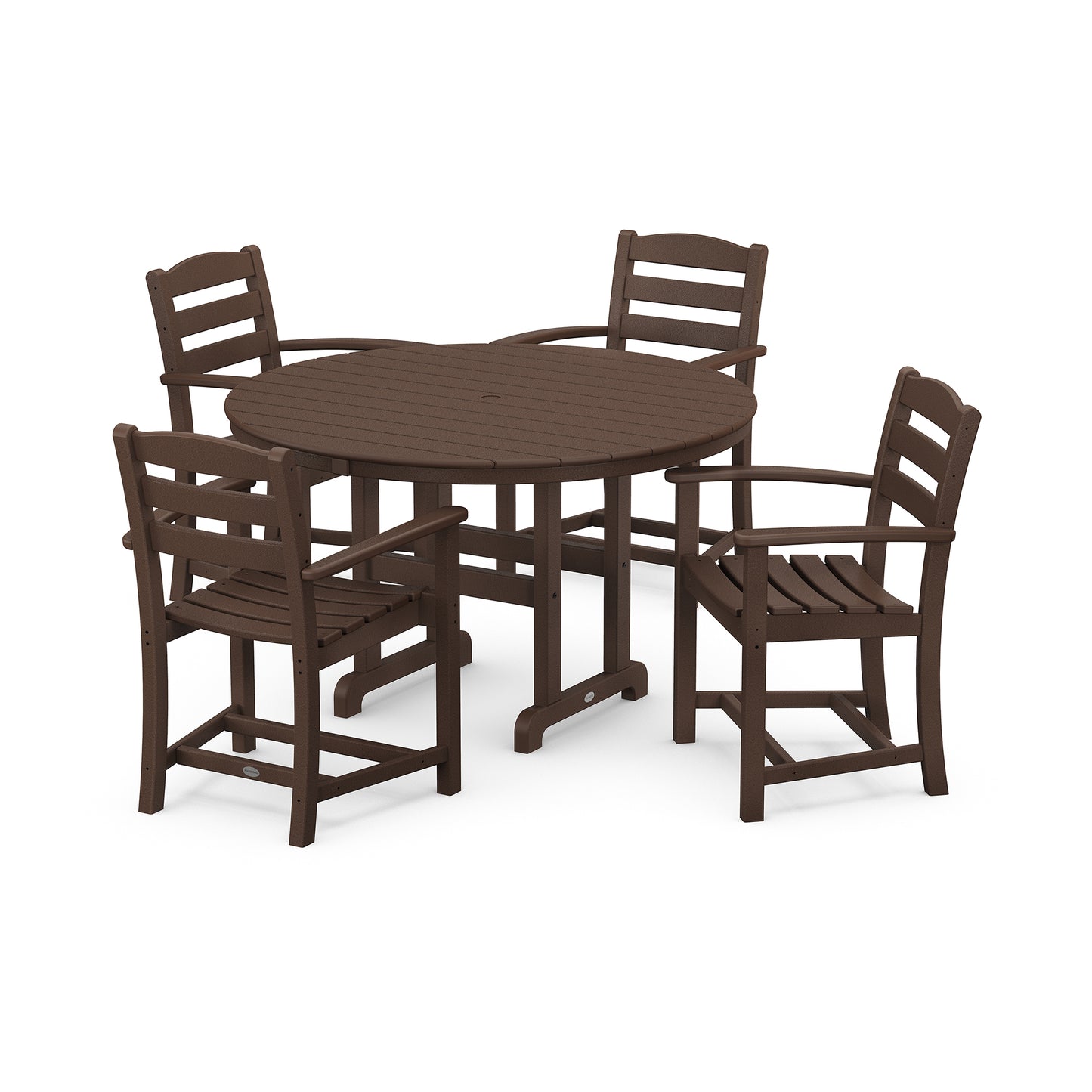 A round brown POLYWOOD® La Casa Café 5-Piece Dining Set with four matching chairs set on a plain white background. The chairs and table have a simple, contemporary design.