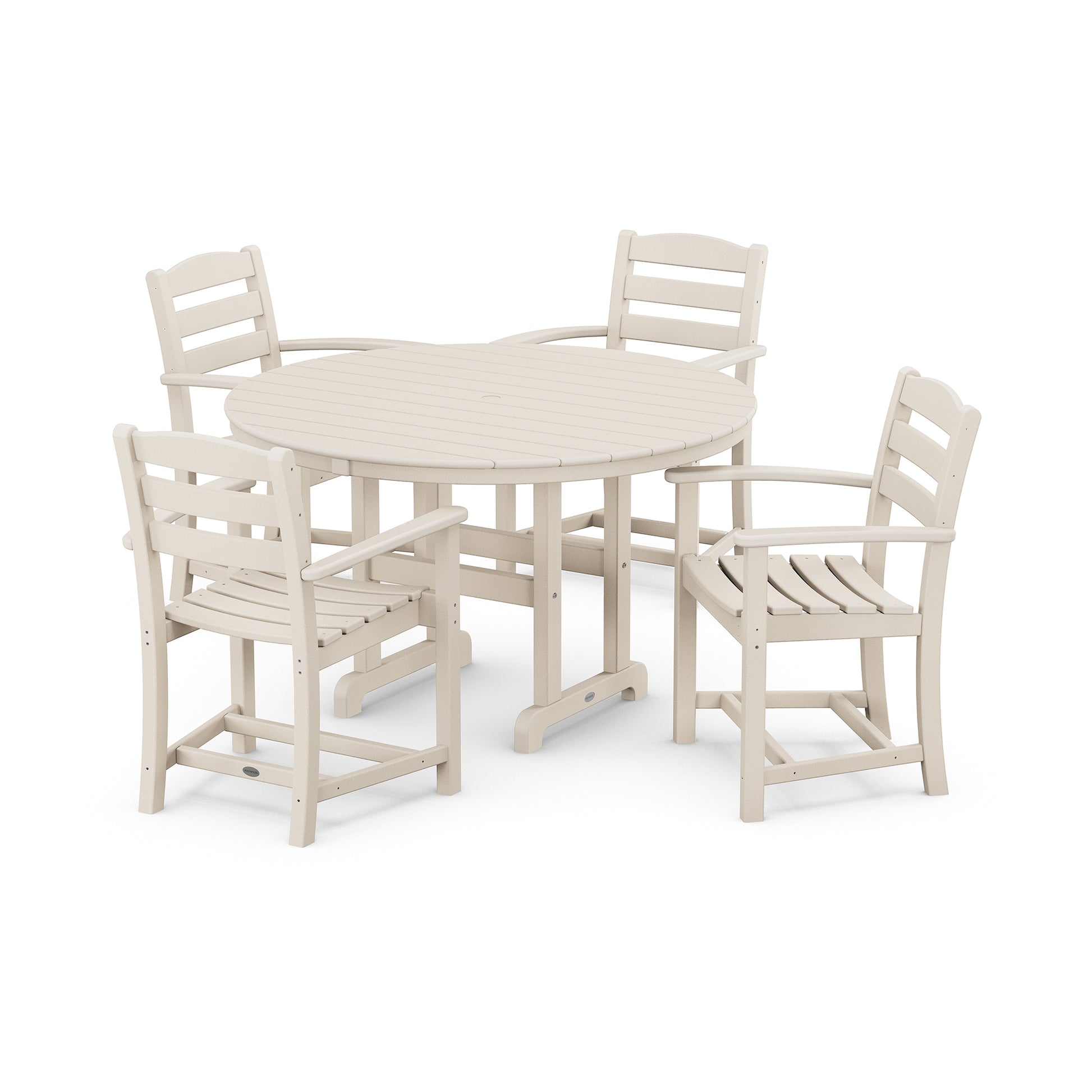 A round, light beige POLYWOOD La Casa Café 5-Piece Dining Set featuring four chairs with slatted backs, positioned on a white background. The table and chairs are constructed from POLYWOOD.