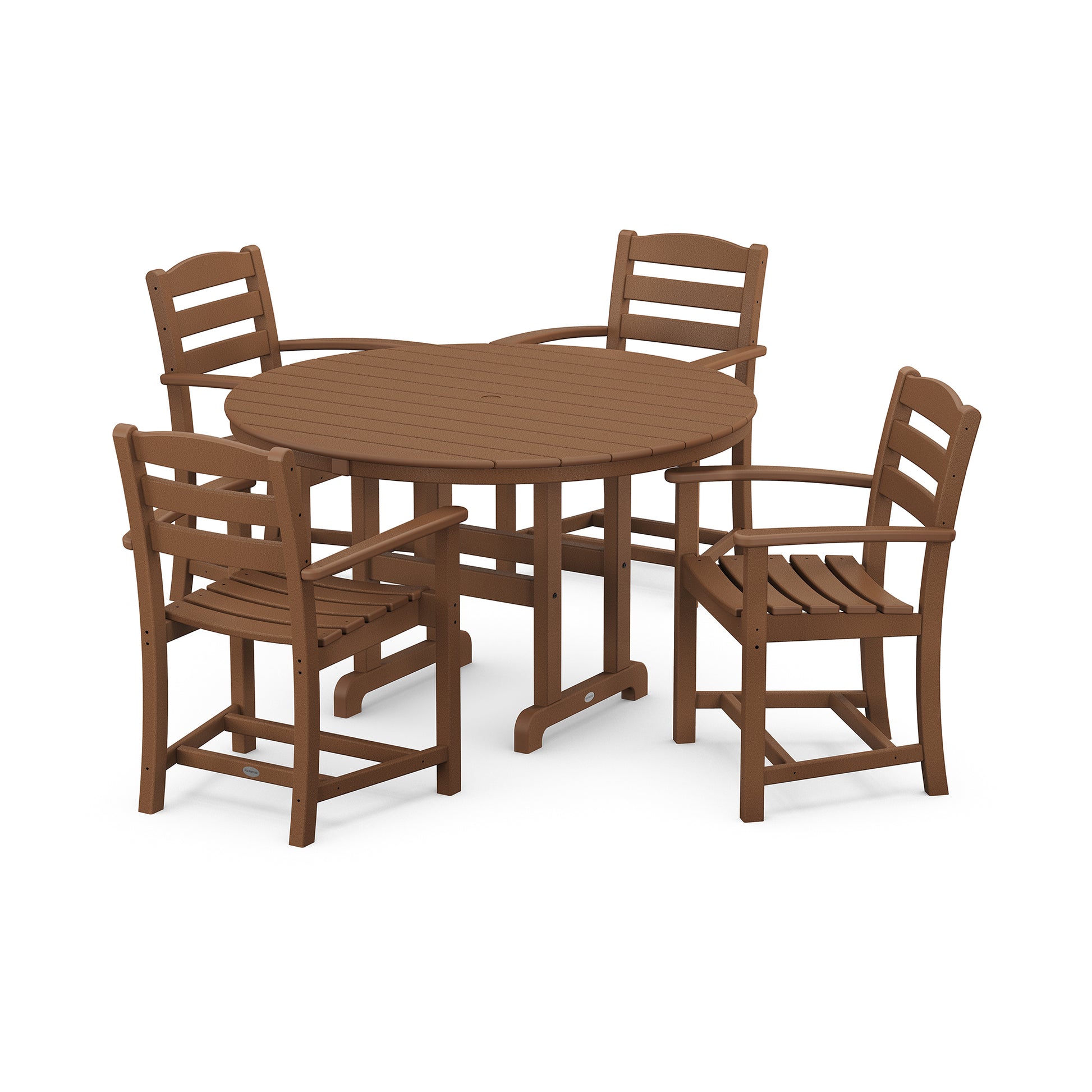A brown, round POLYWOOD® La Casa Cafe 5-Piece Dining Set with four matching chairs, all made of recycled lumber, displayed on a plain white background.