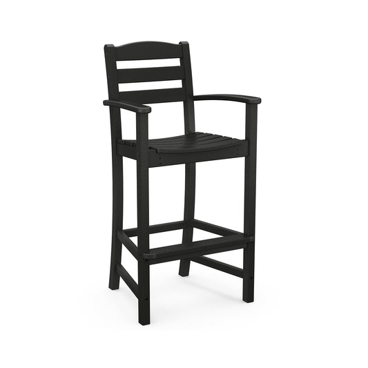 A black POLYWOOD® La Casa Cafe Outdoor Bar Arm Chair with a straight back, slatted seat, and footrest, standing isolated on a white background.