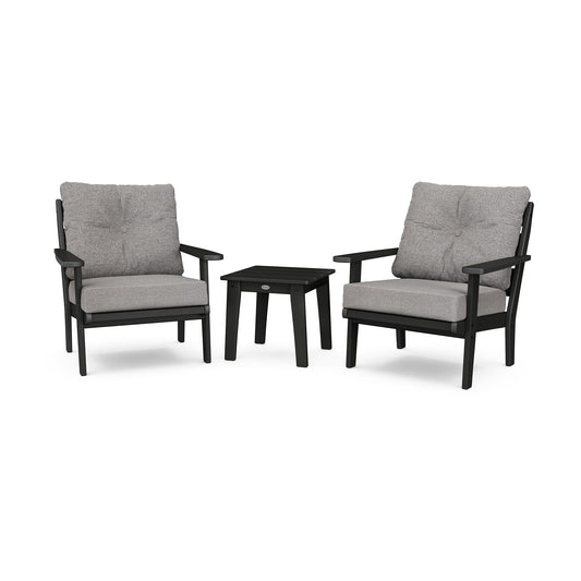 Two modern outdoor chairs with gray cushions and a matching black side table, displayed against a plain white background from the POLYWOOD Lakeside 3-Piece Deep Seating Chair Set.
