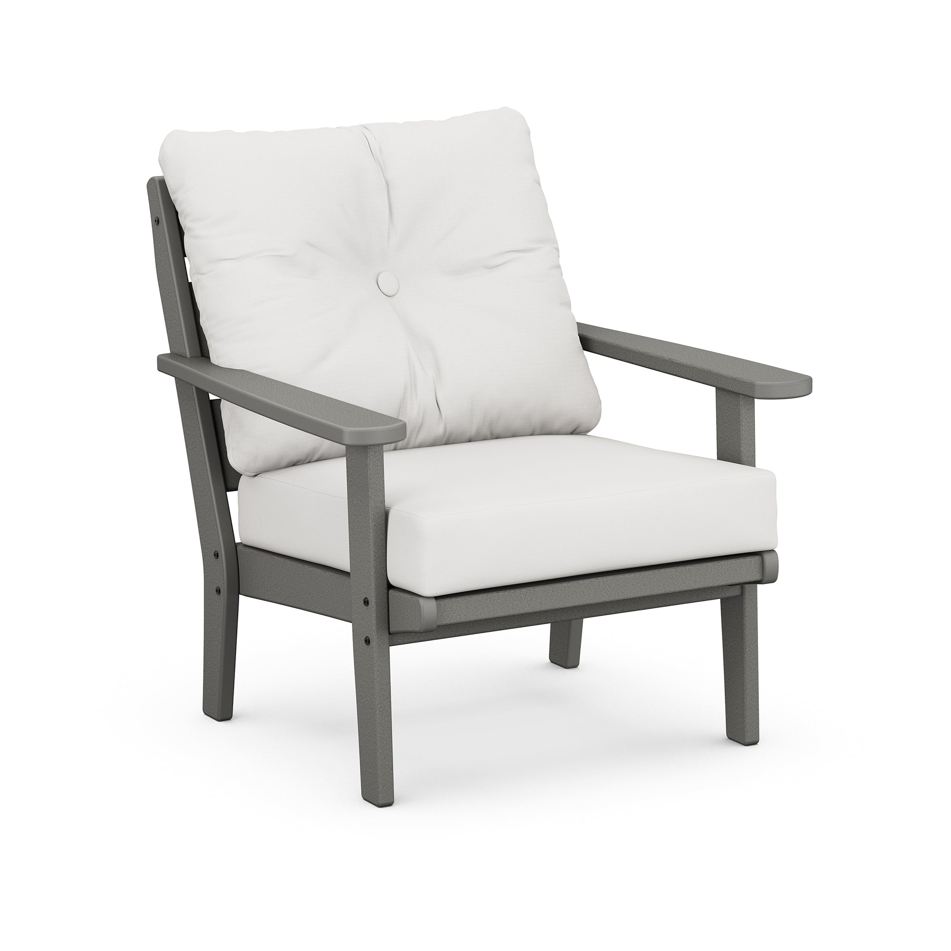 A modern all-weather outdoor chair with a gray metal frame and white cushions, isolated on a white background.(Product Name: POLYWOOD Lakeside Deep Seating Chair)