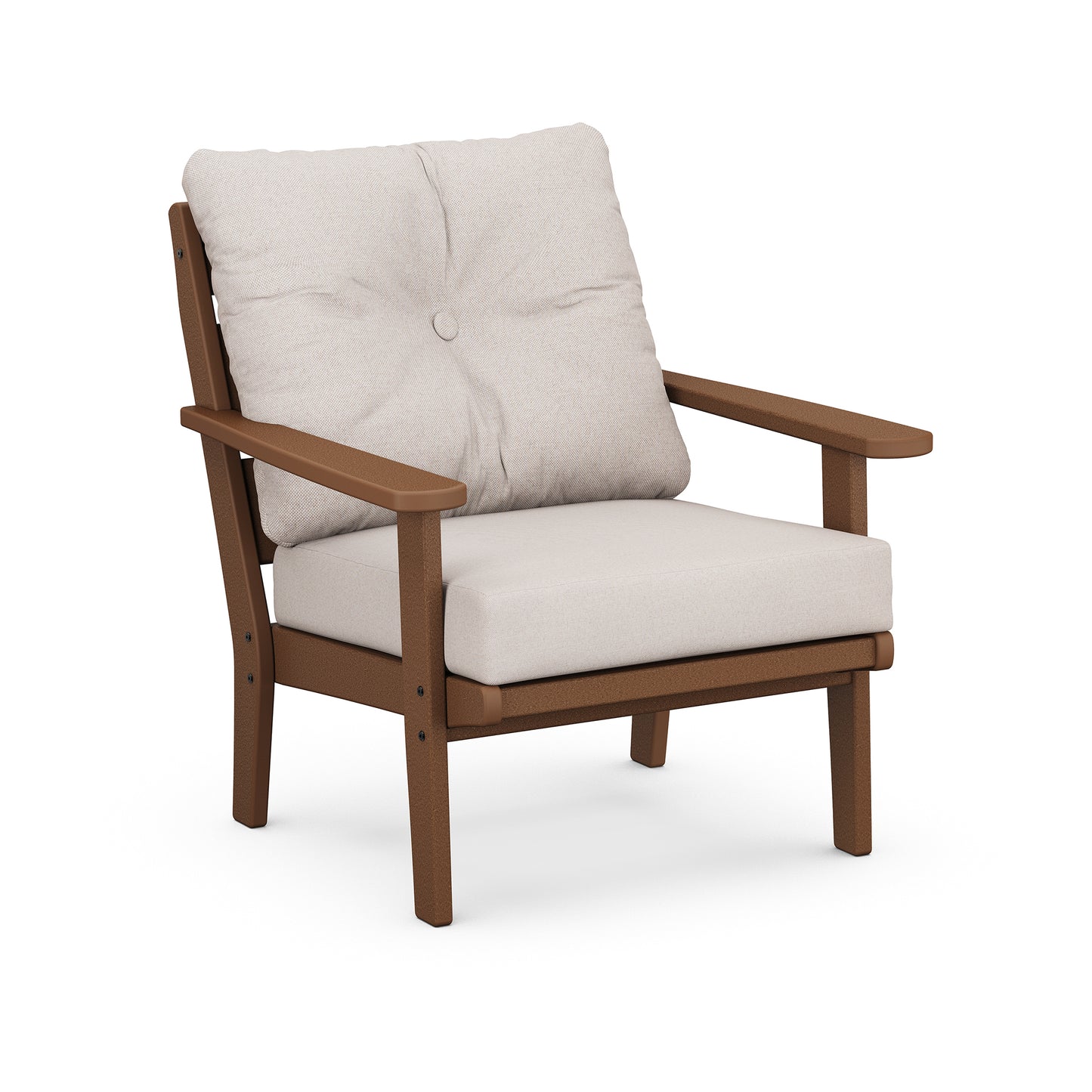 A modern POLYWOOD Lakeside Deep Seating Chair with a wooden frame and thick, cushioned seat and backrest, covered in light beige fabric, shown against a plain white background.