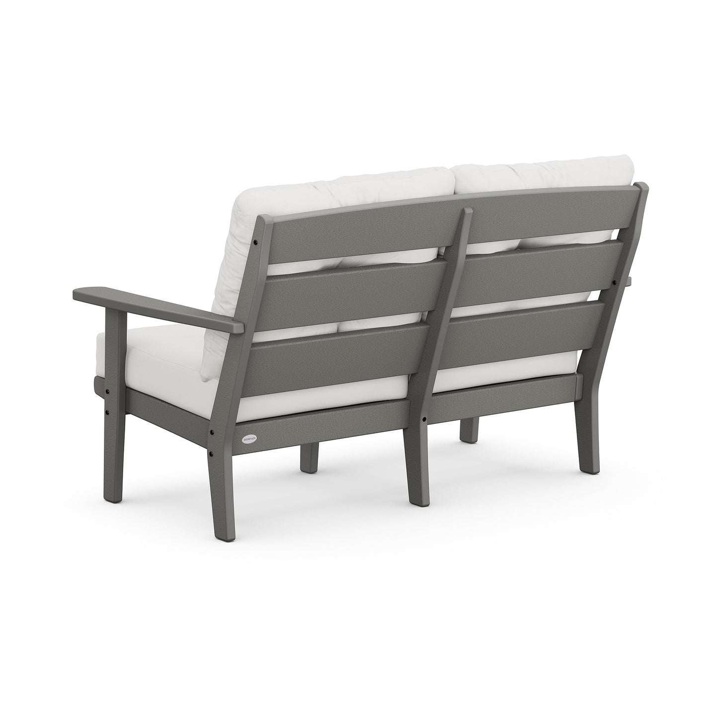 A modern POLYWOOD® Lakeside Deep Seating Loveseat with a gray aluminum frame and white cushions, isolated on a white background.