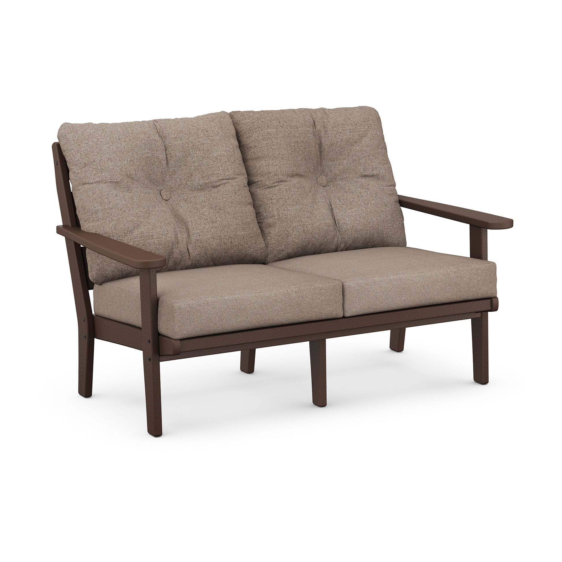 A modern all-weather outdoor loveseat with a brown wooden frame and light brown cushions, isolated on a white background- POLYWOOD Lakeside Deep Seating Loveseat by POLYWOOD.