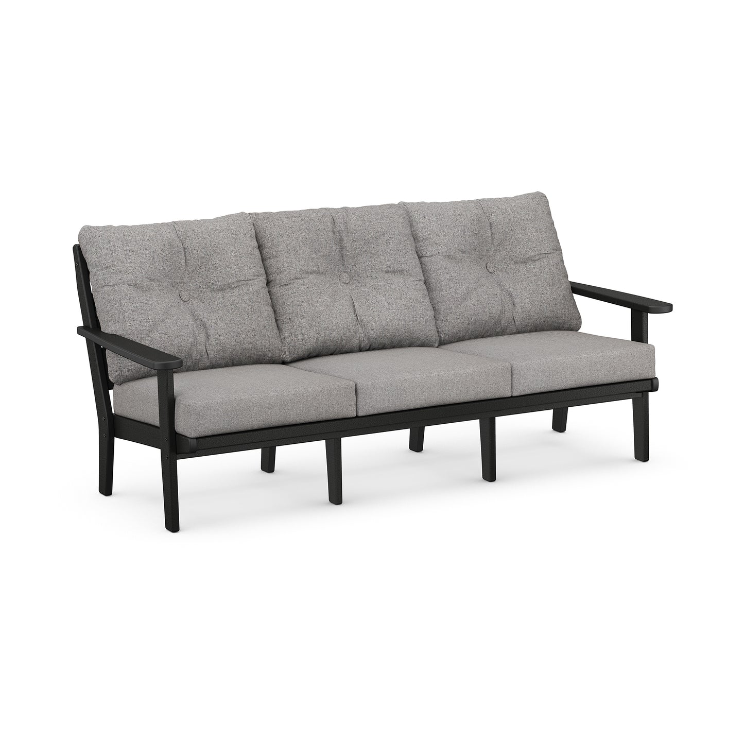 A contemporary three-seater all-weather outdoor sofa with gray tufted upholstery and a black POLYWOOD® lumber frame, isolated on a white background.