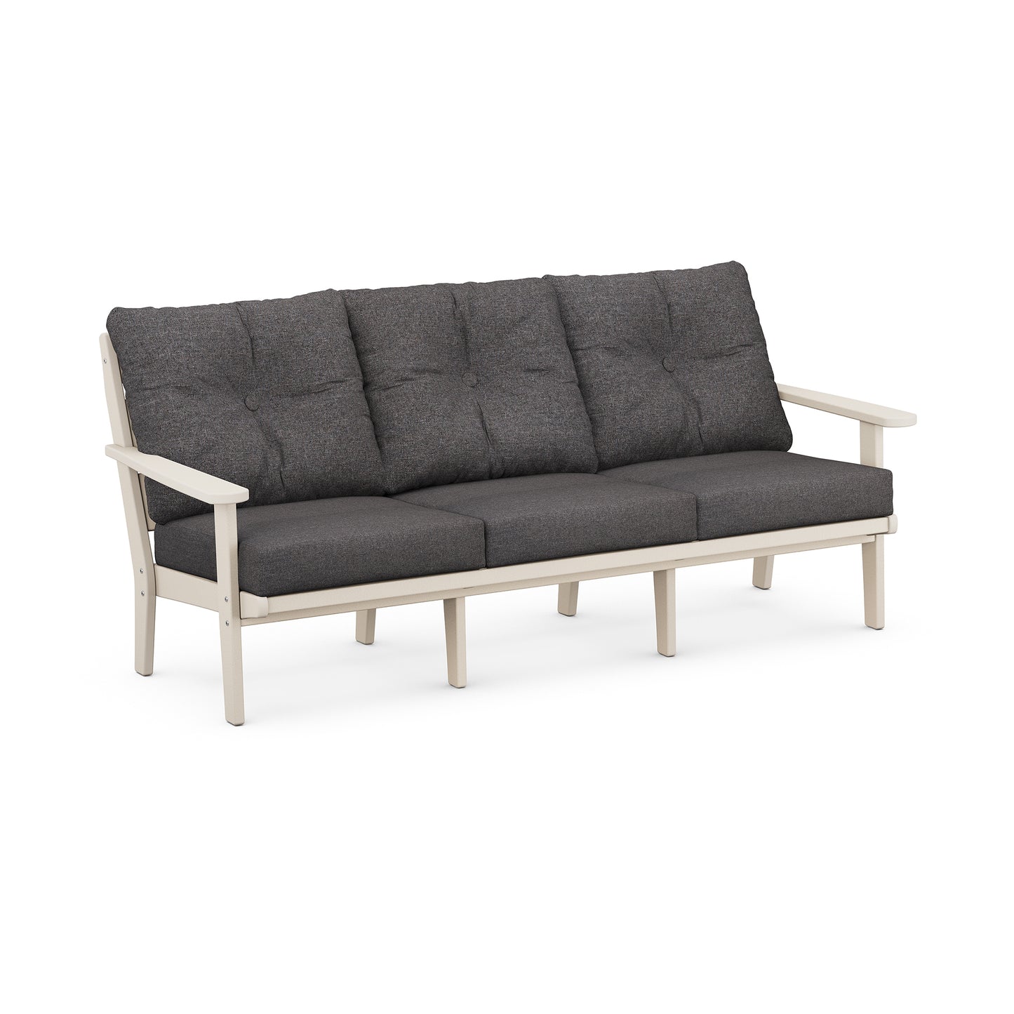 A modern three-seater outdoor sofa with a light beige POLYWOOD Lakeside Deep Seating Sofa frame and dark gray cushions, displayed on a white background.