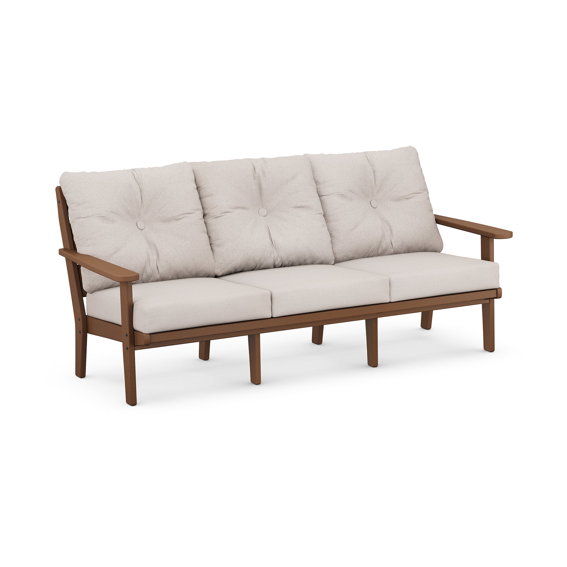 Three-seater outdoor sofa made from POLYWOOD® Lakeside Deep Seating Sofa lumber with a light beige cushion upholstered seat and backrest, featuring tufted details and a simple armrest design, isolated on a white