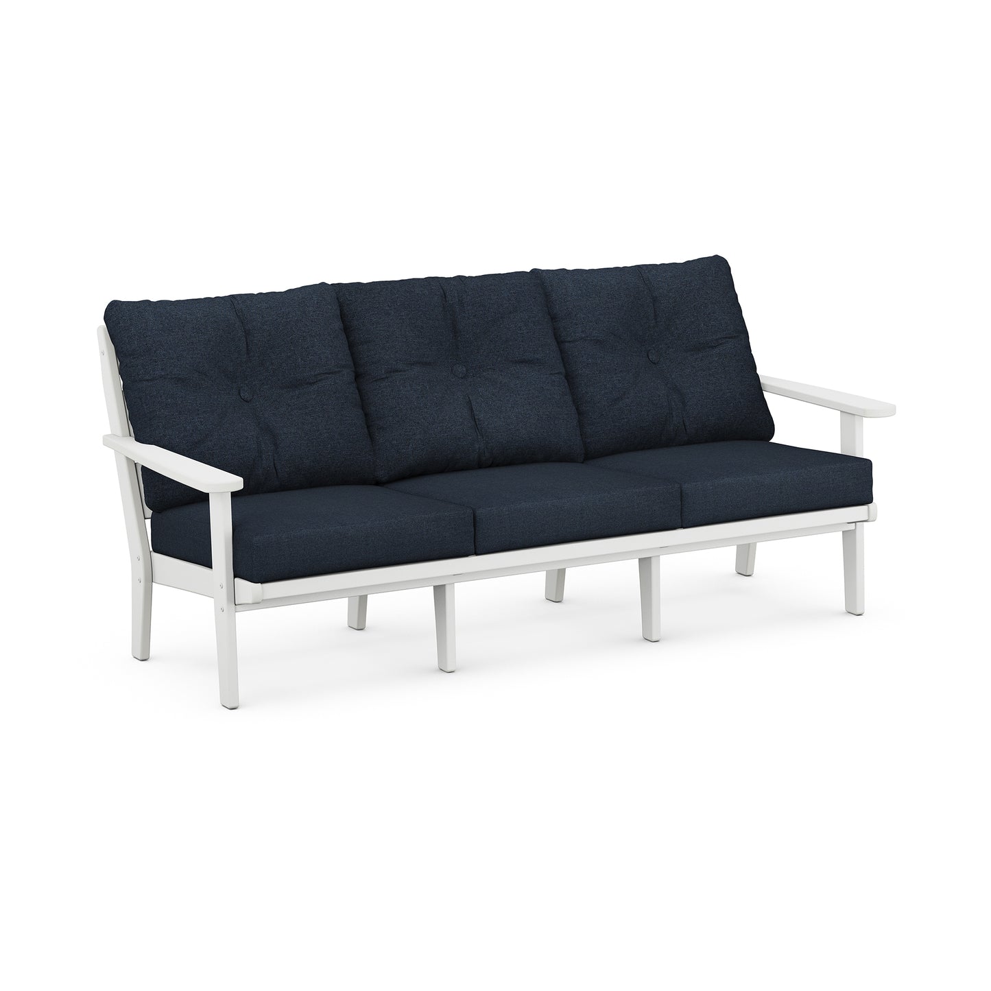 A modern three-seater outdoor sofa with a white aluminum frame and deep blue cushions, crafted from all-weather POLYWOOD lumber, isolated on a white background.