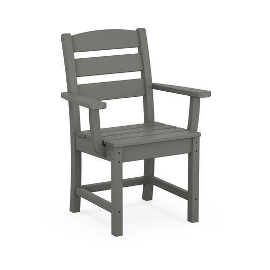 Close-up of the POLYWOOD Lakeside Dining Arm Chair with gray slatted seat and back, crafted from durable POLYWOOD lumber.