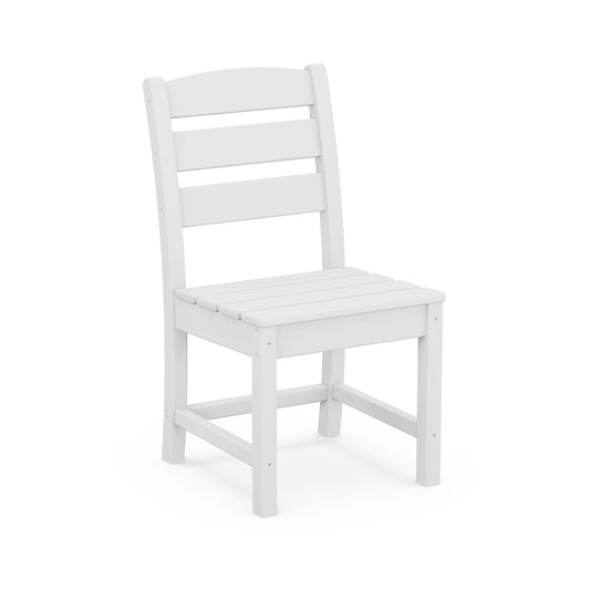 A white wooden dining chair on a white background.